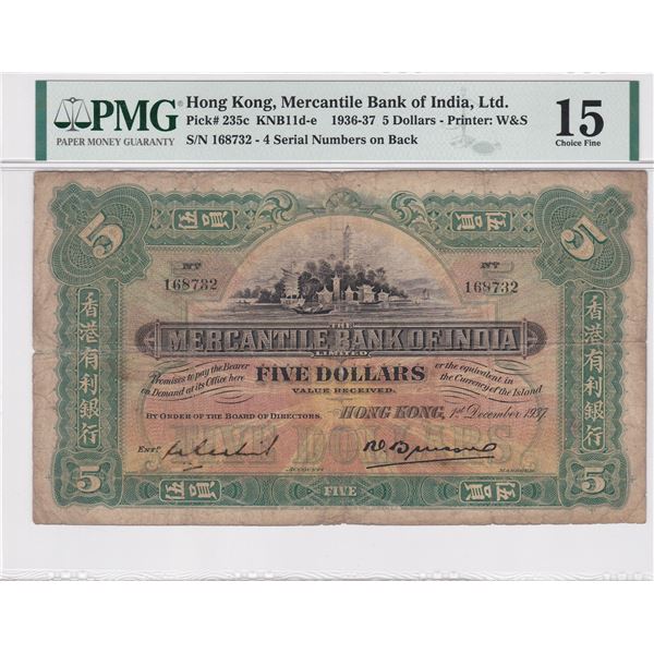Hong Kong, Mercantile Bank of India, 1937, 5 Dollors, Handsigned, PMG 15.