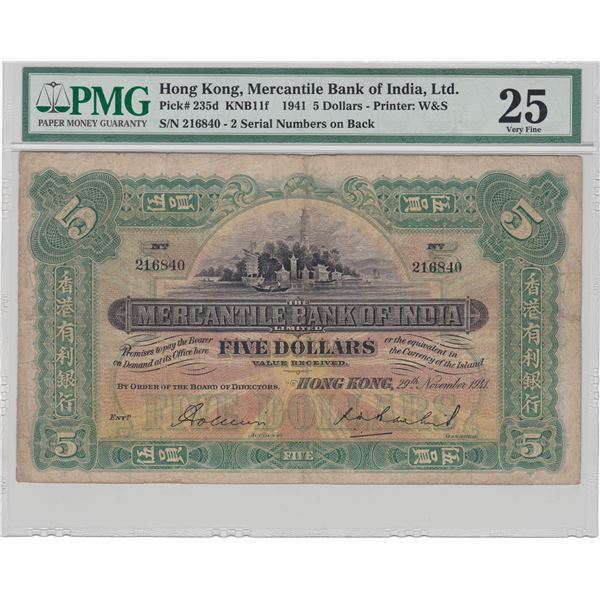 Hong Kong, Mercantile Bank of India,1941, 5 Dollors, PMG 25 Minor Restoration.