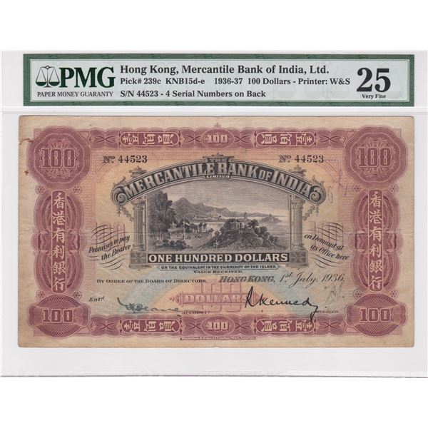 HK,Mercantile Bank of India, 1936, 100 Dollors, Handsigned, PMG 25. Extremely Rare TOP POP