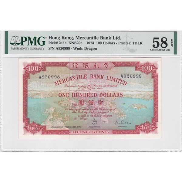 Hong Kong, Mercantile Bank of India,  1973, 100 Dollors, PMG 58E.