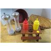 Image 1 : Wicker Baskets w/ Condiment Picnic Table + Salt / Pepper Grinders