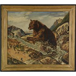 OIL PAINTING HELEN LANE BEAR AFTER FISH WESTERN