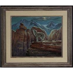 ACRYLIC PAINTING J. EHLERS WESTERN HOWLING COYOTE