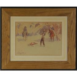 WATERCOLOR PAINTING LEONARD REEDY COWBOY GUNPOINT