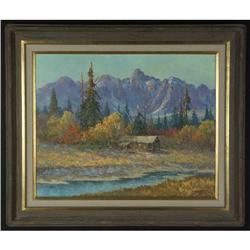 OIL PAINTING FRED OLDFIELD ALASKAN TRAPPERS CABIN