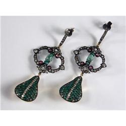 TEAR-DROP DIAMOND AND EMERALD EARRINGS