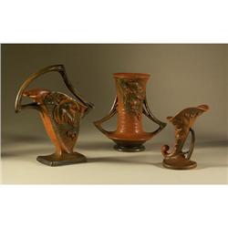 THREE ROSEVILLE CERAMIC PIECES RUSSET VASES
