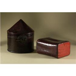 CHINESE RED ENAMELED LEATHER HATBOX HEADREST