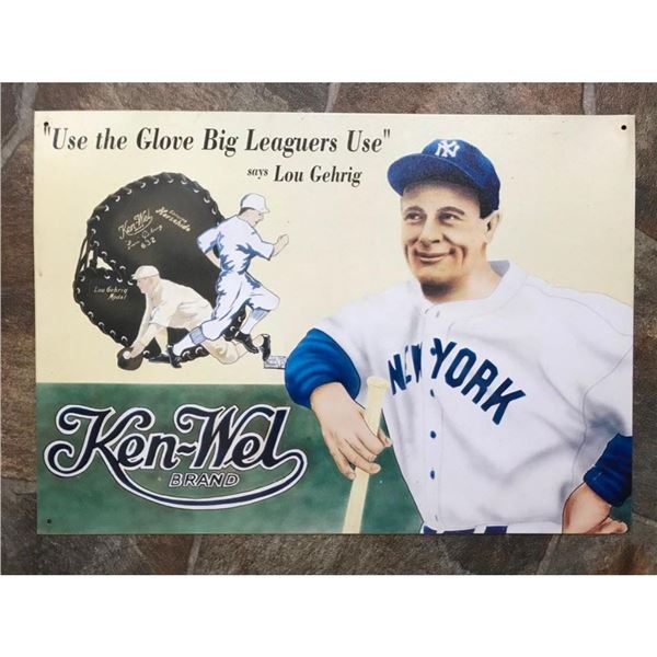Ken-Wel Baseball Glove, Lou Gerig, New York, Metal Pub Bar Sign