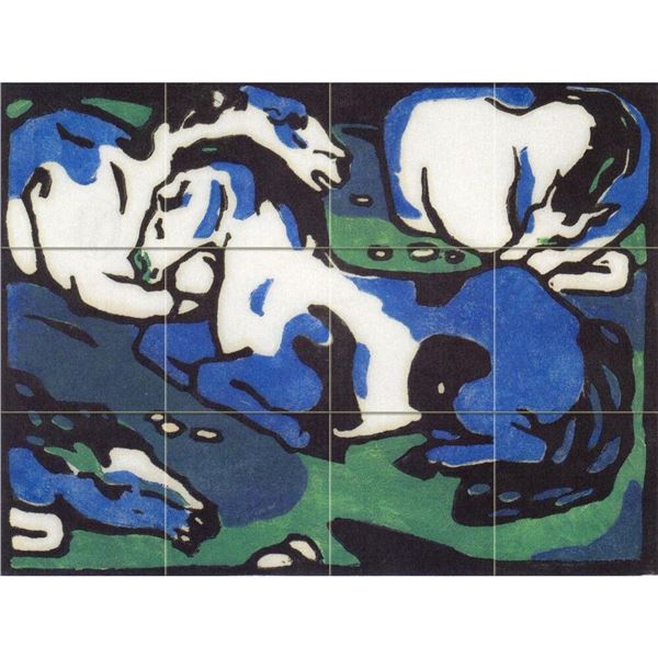 After Marc Franz, Wild Blue Horses Ceramic Art Tile Mural