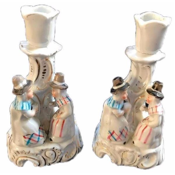 19thc Pair of German Contra Boehme Porcelain Fairing Candle Holders, Welch Tea Party