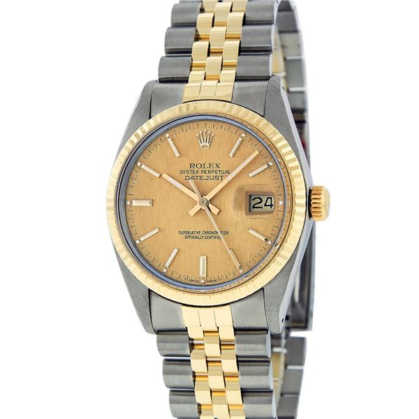 Rolex Mens 2 Tone Champagne Linen Index 36MM Datejust Wristwatch Oyster Perpetua