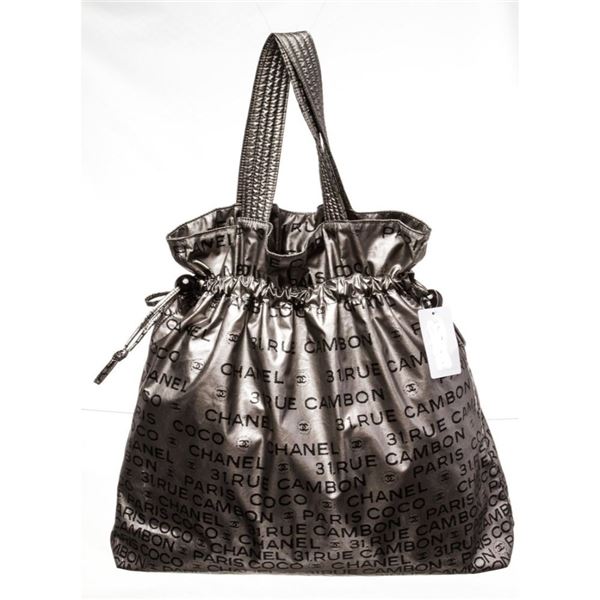Vintage Chanel Silver & Black Logo 31 Rue Cambon Drawstring Tote