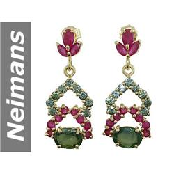 4.30 ct Green Sapphire & Ruby Earrings 14kt Gold