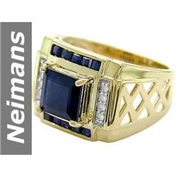 3.91 ct Blue & White Sapphire Gents Ring 14kt Gold