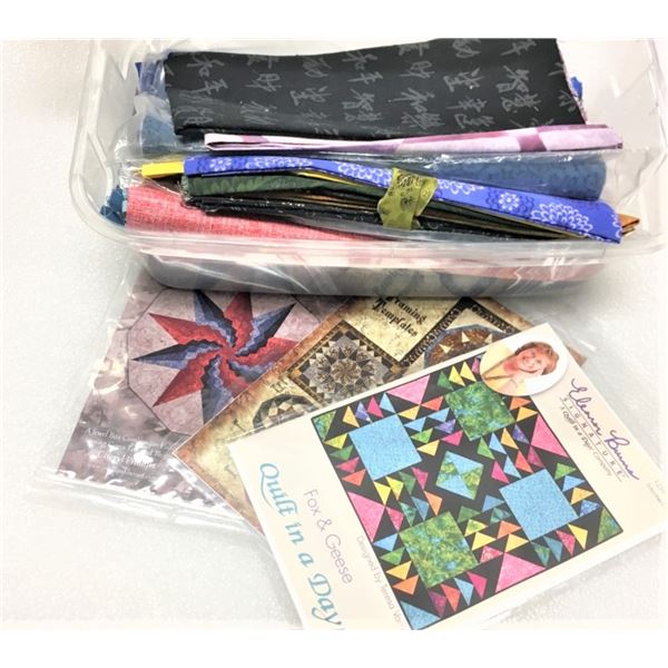Shoebox Size Bin of Fabric and THREE quilting patterns