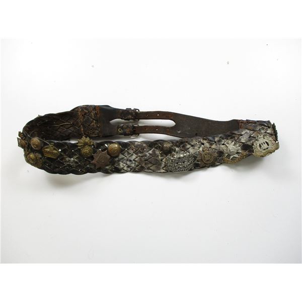 WWI TYPE BELT WITH BADGES ETC