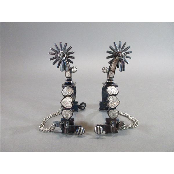 Marked Fleming Mexico Silver Inlaid Spurs- 1" Bands- 2.5" Shanks- 14 Point Rowels- Jingle Bobs- Barr