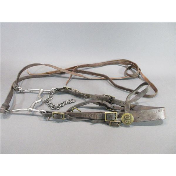 Early US Cavalry Headstall And Bit- Marked US Rock Island Arsenal- Reins- Original Rosettes