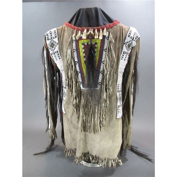 Beaded Buckskin War Shirt- Fringed- Horsehair Drops- Buffalo Teeth- 34" Fair Condition- Stand Does N