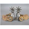 Image 1 : Unmarked Double Mounted Silver Inlaid Charro Spurs- 1.1" Bands- 1.5" Shanks- 8 Point Rowels- Petal B