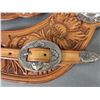 Image 3 : Marked Cary Schwarz Tooled Spurs Straps- 2" Scalloped Silver Conchos And Hardware Marked Marsh- Unwo