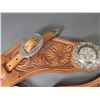 Image 4 : Marked Cary Schwarz Tooled Spurs Straps- 2" Scalloped Silver Conchos And Hardware Marked Marsh- Unwo
