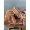 Image 8 : Unmarked Western Tooled Saddle- 15.5" Padded Seat Saddle- Good Sheepskin- Buckstitched- All There- 2