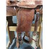 Image 9 : Unmarked Western Tooled Saddle- 15.5" Padded Seat Saddle- Good Sheepskin- Buckstitched- All There- 2