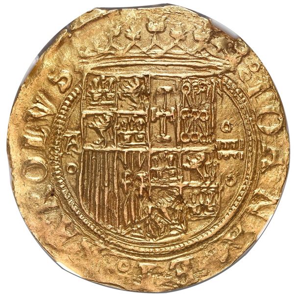 Segovia, Spain, gold 1 escudo, Charles-Joanna, assayer A above ringlet to left, mintmark aqueduct be