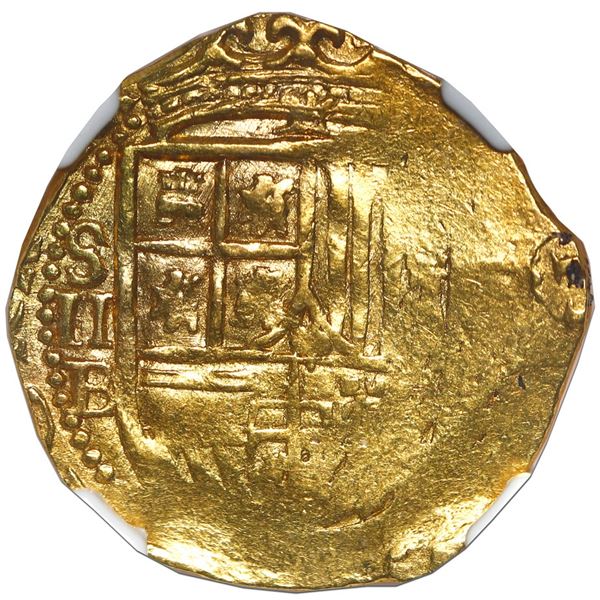 Seville, Spain, gold cob 2 escudos, Philip II, assayer B below mintmark S and denomination II to lef