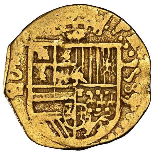 Seville, Spain, gold cob 1 escudo, 1589/8 date to right, assayer Gothic D to left below mintmark, ra