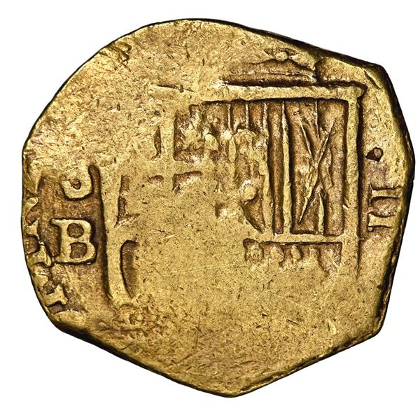 Seville, Spain, gold cob 2 escudos, Philip II or III, assayer B below mintmark S to left, denominati