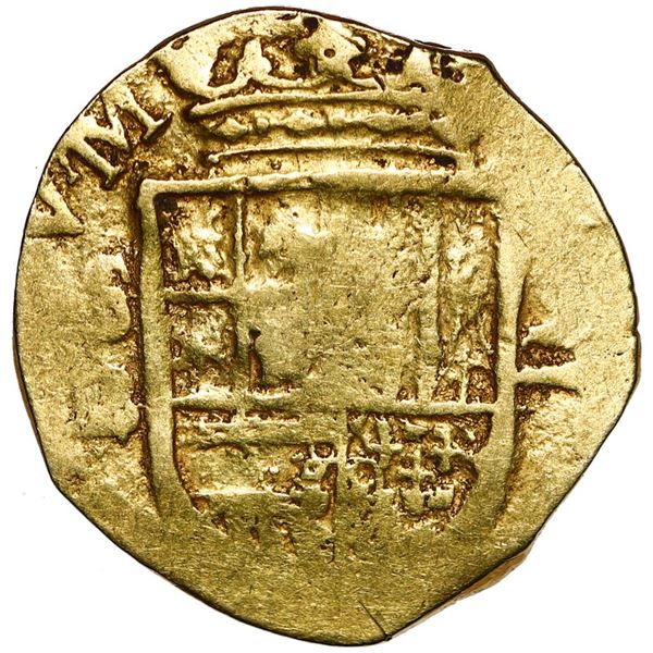 Seville, Spain, gold cob 2 escudos, Philip II or III, assayer B below mintmark S to left, denominati