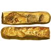 Image 1 : Cut segment of a gold "finger" bar #3, 128.6 grams, tested at 21K, marked with several tax stamps, e