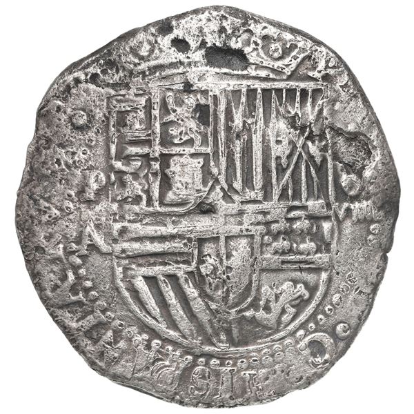 Potosi, Bolivia, cob 8 reales, Philip II, assayer A, Grade 2.