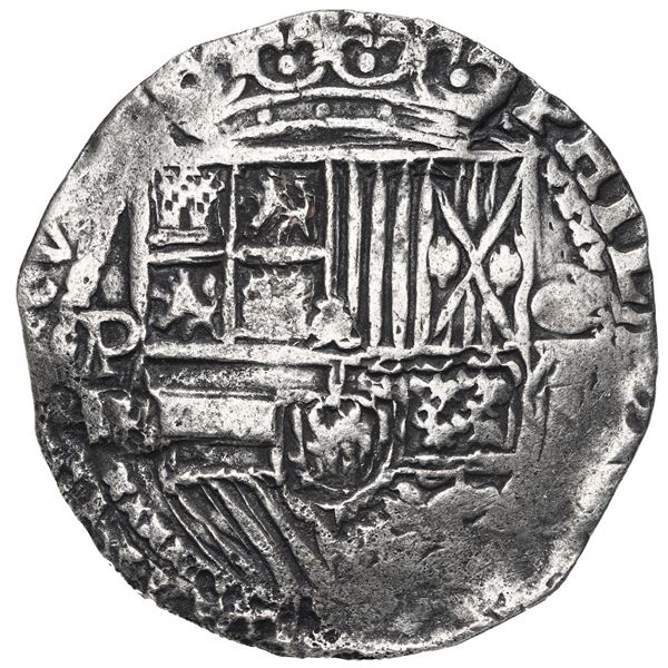 Potosi, Bolivia, cob 8 reales, Philip II, assayer B (5th period), borders of x's on both sides, Grad