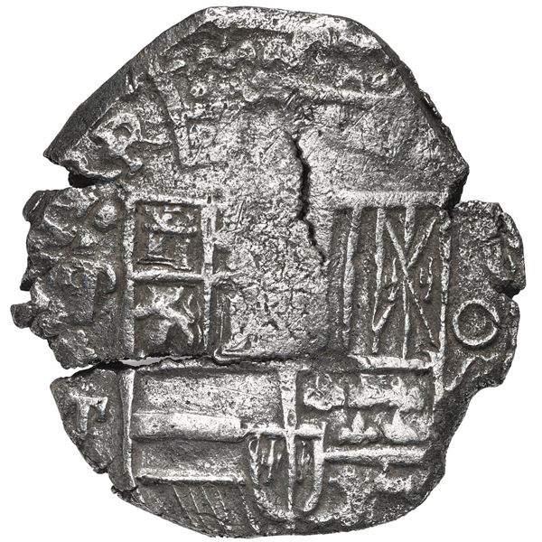 Potosi, Bolivia, cob 8 reales, 1620 T, mintmark q (retrograde P) over P, quadrants of cross transpos