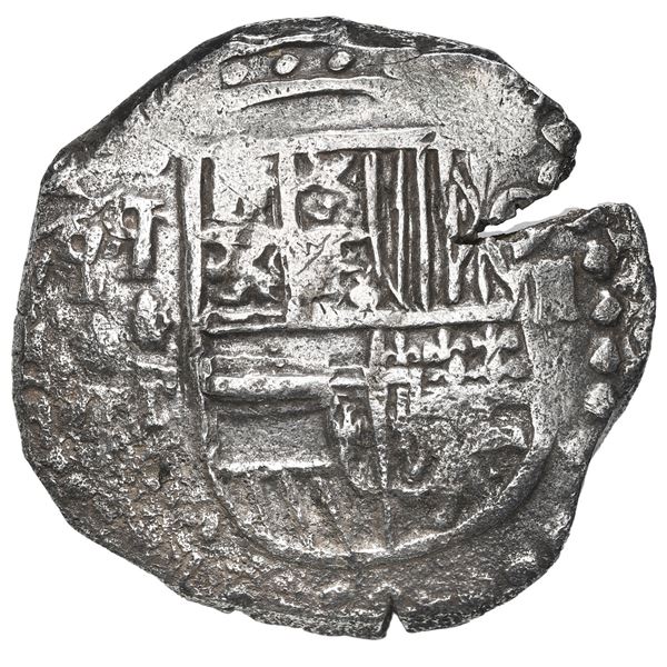 Potosi, Bolivia, cob 8 reales, Philip III, assayer T, mintmark "q" (retrograde P), Grade 2.