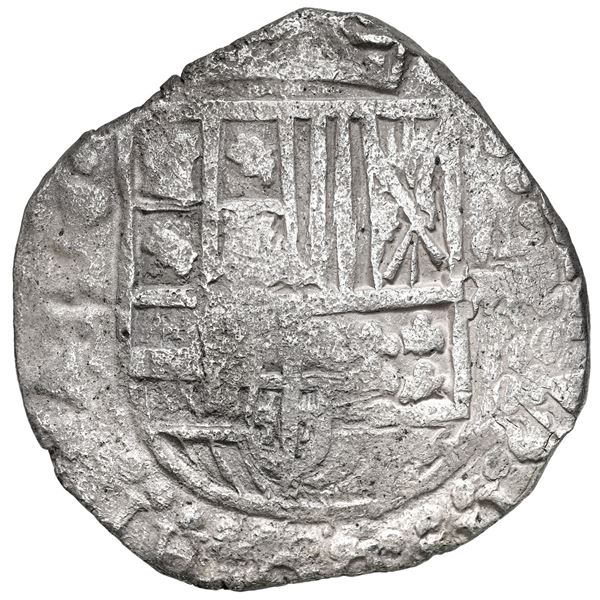 Potosi, Bolivia, cob 8 reales, Philip III, assayer T, quadrants of cross transposed, Grade 2.