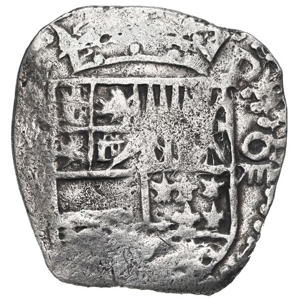 Potosi, Bolivia, cob 8 reales, Philip III, assayer not visible, quadrants of cross transposed, Grade