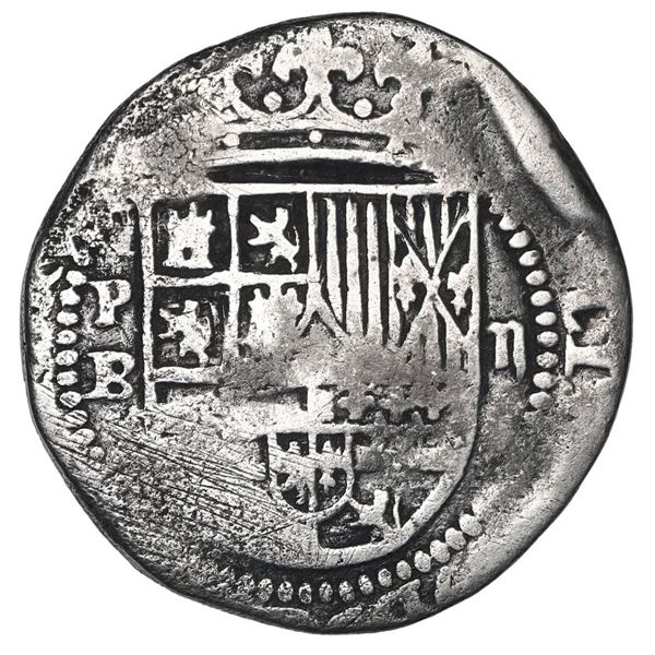 Potosi, Bolivia, cob 2 reales, Philip II, assayer B (1st period,  Lima style ), Grade 3.