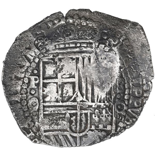 Potosi, Bolivia, cob 8 reales, 1651 O, with crowned-L countermark on cross.