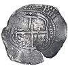 Image 2 : Potosi, Bolivia, cob 8 reales, 1654 E, dot-PH-dot at top, pomegranate above cross.
