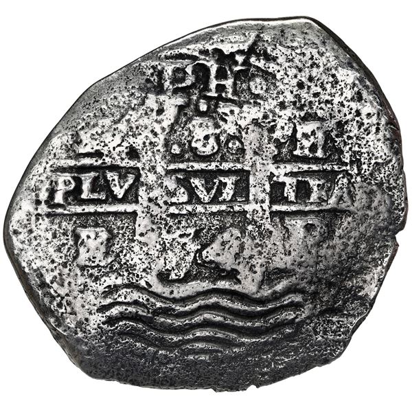 Potosi, Bolivia, cob 8 reales, 1654 E, dot-PH-dot at top, denomination 8 above cross.