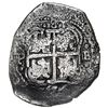 Image 2 : Potosi, Bolivia, cob 8 reales, 1654 E, dot-PH-dot at top, denomination 8 above cross.