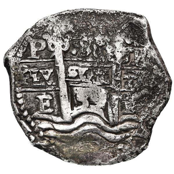 Potosi, Bolivia, cob 8 reales, 1655 E, denomination 8 above cross.