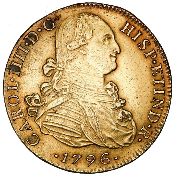 Lima, Peru, gold bust 8 escudos, Charles IV, 1796 IJ, rare provenance, NGC AU details / saltwater da