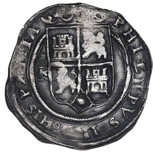 Lima, Peru, 1 real, Philip II, assayer R (Rincon) to left, motto PL-VS-V above denomination, legends