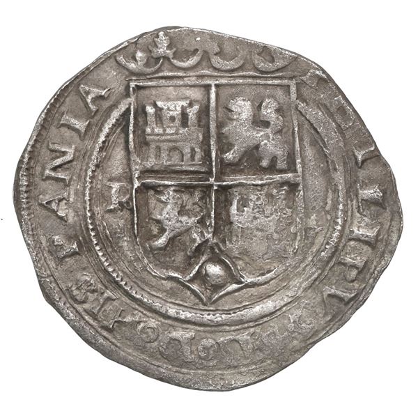 Lima, Peru, 1 real, Philip II, assayer R (Rincon) to left, motto PL-VS-V above denomination, legends